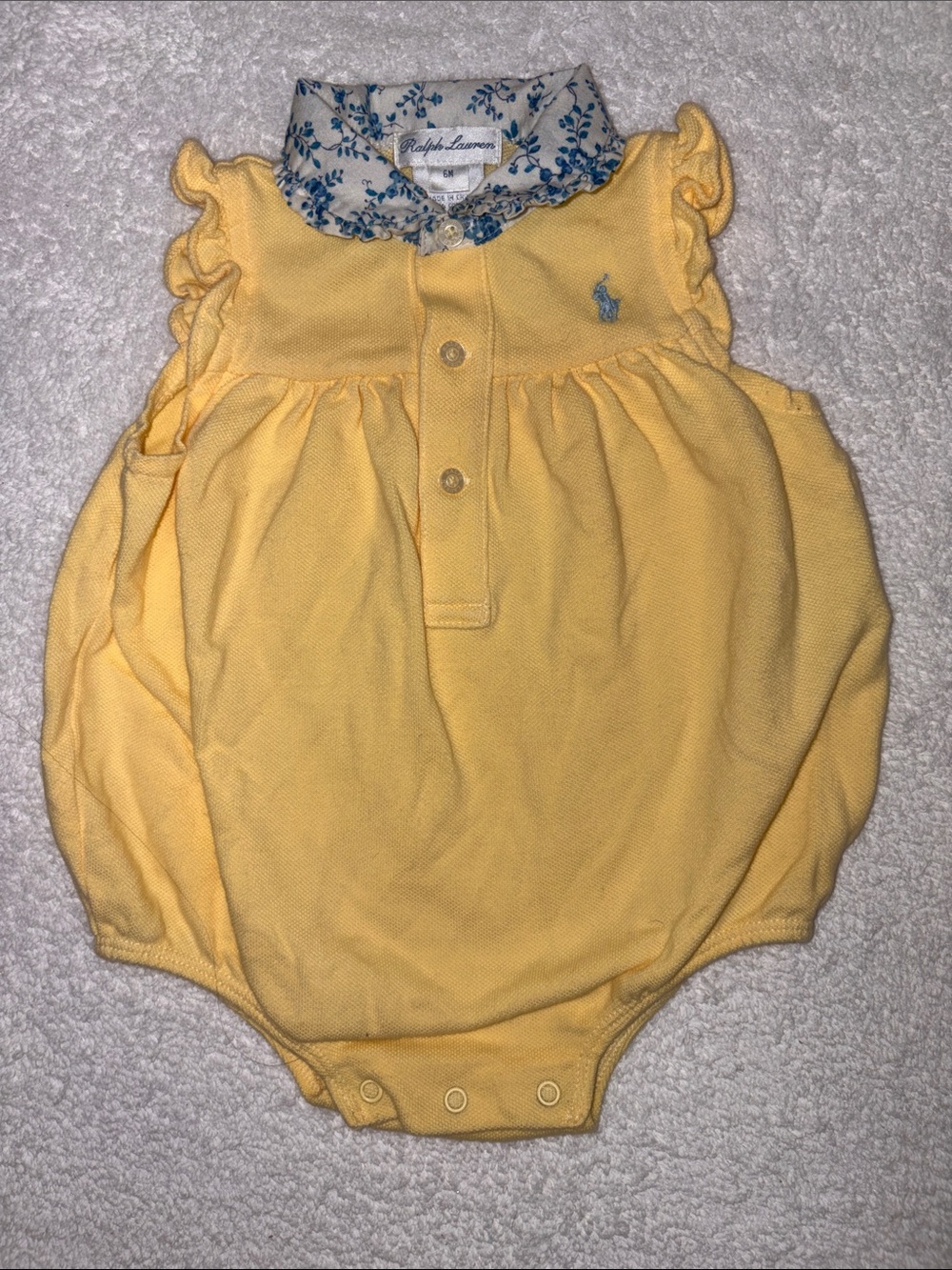 Ralph Lauren Yellow Baby Polo Romper with Floral Collar bubble 6m